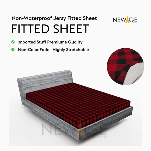 Imported Cotton Jersey Red Black Checked Fitted Sheet with 1 Pair Pillow Covers (Non-Waterproof)