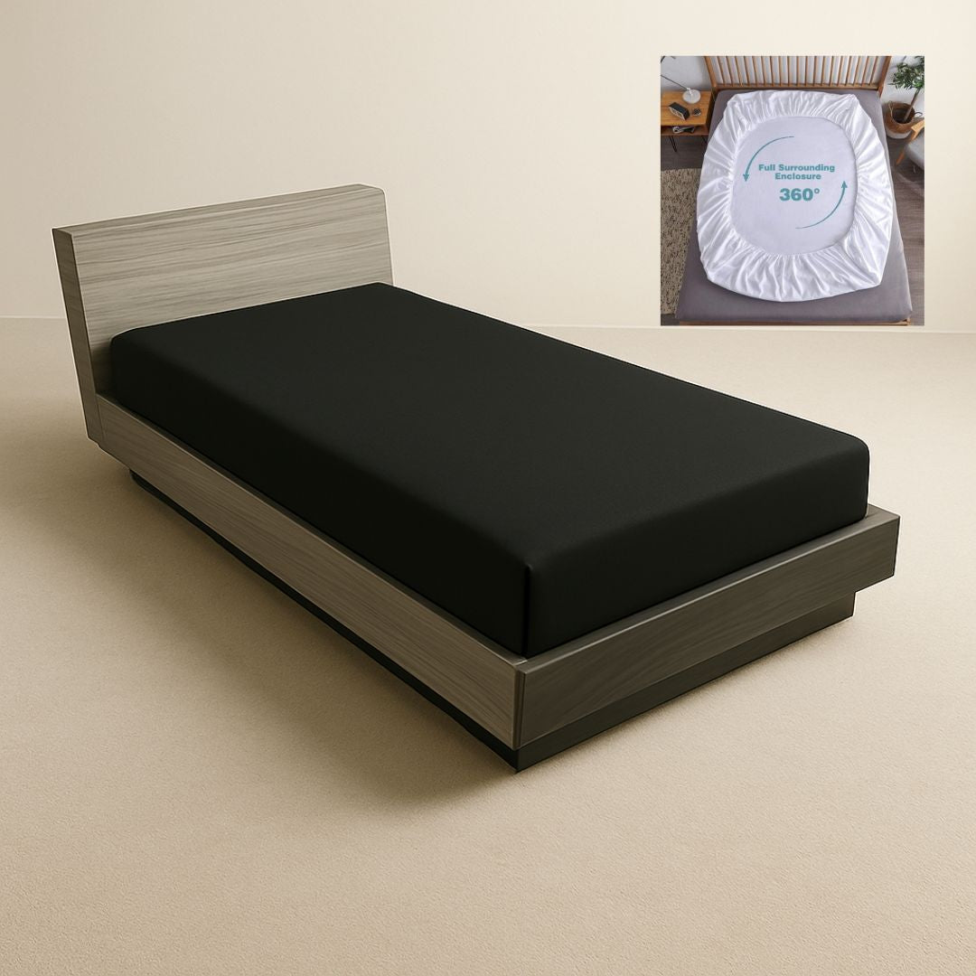 Single Size 100% Waterproof Fitted Mattress Protector – Soft Cotton Polyester (Black)