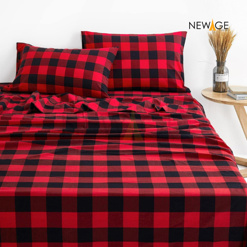 Imported Cotton Jersey Red Black Checked Fitted Sheet with 1 Pair Pillow Covers (Non-Waterproof)
