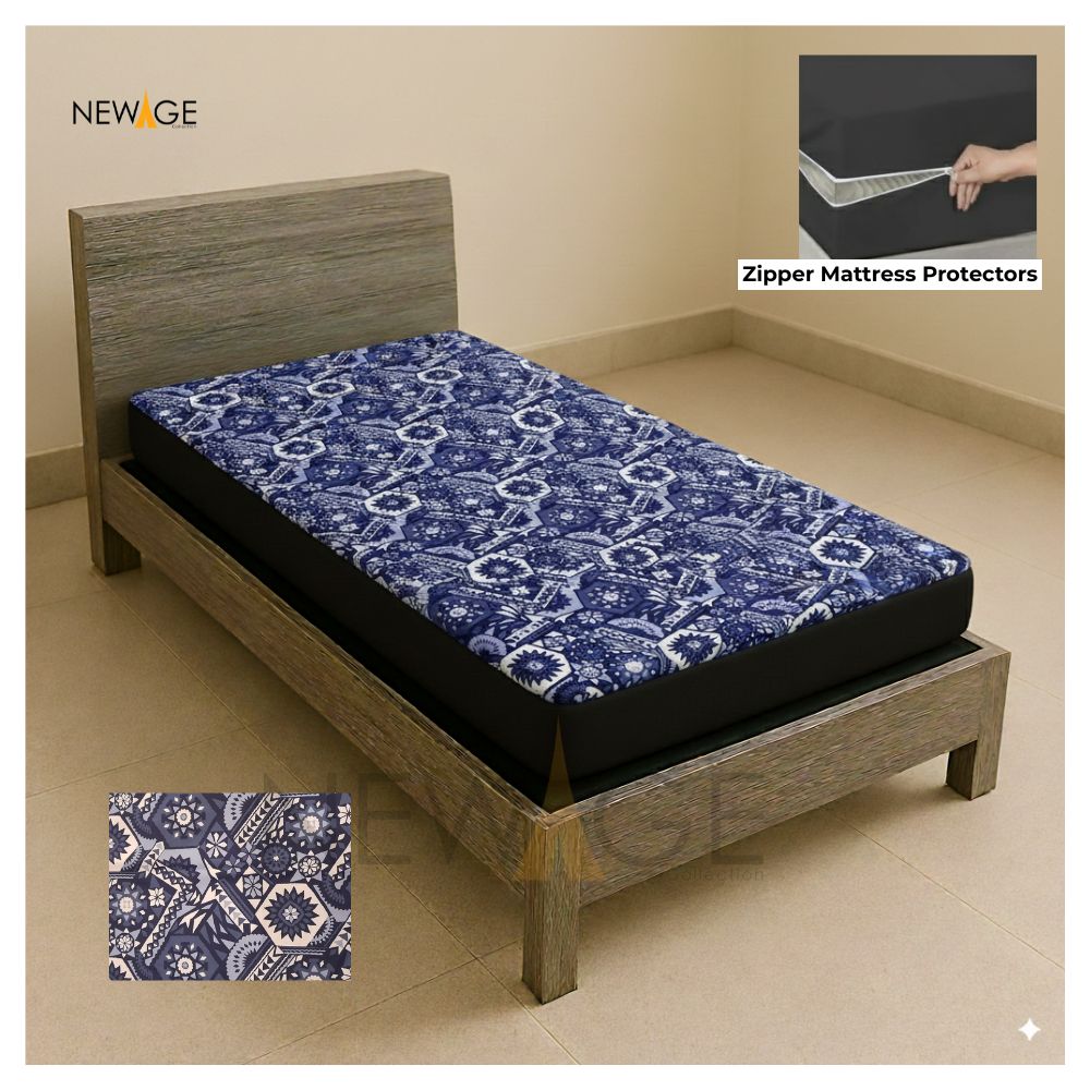Single Zipper Mattress Protector 100% Waterproof Imported Cotton-PC in Blue Antique Print