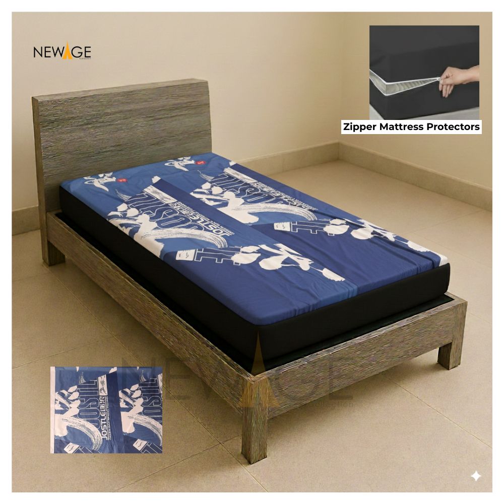 Single Zipper Mattress Protector 100%Waterproof Imported Cotton-PC in Blue Print