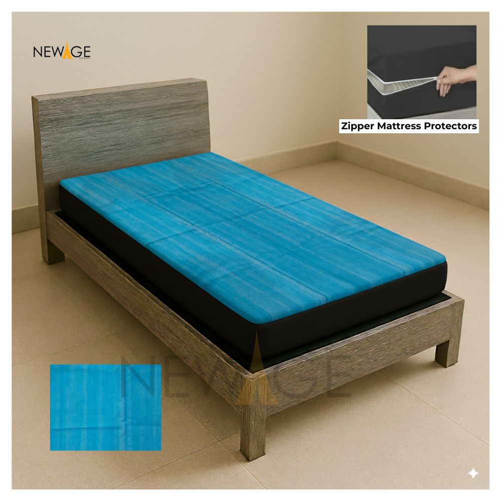 Single Zipper Mattress Protector 100% Waterproof Imported Cotton-PC in Sky Blue Print