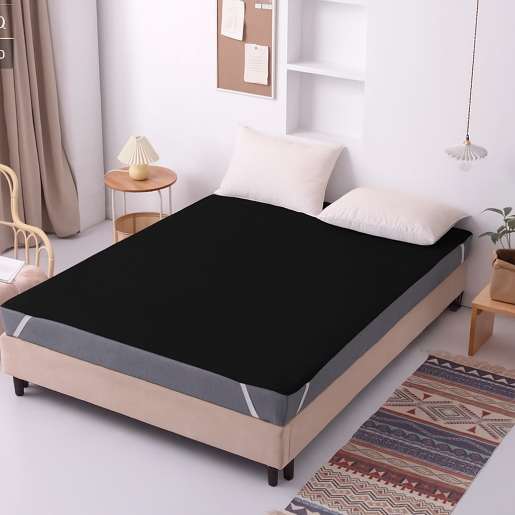 100% Waterproof Elastic Sheet (Flat Sheet) with 4 Corner Elastic Bands in Black Color