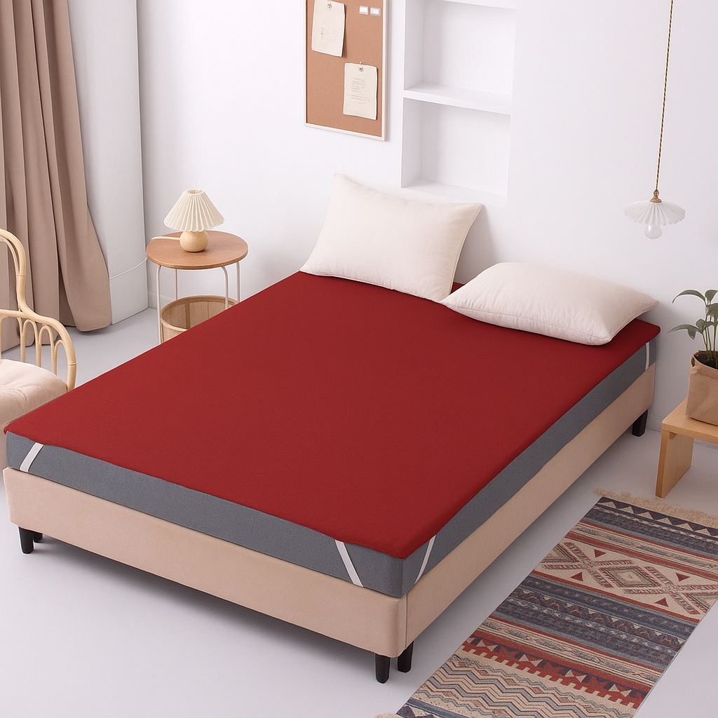 100% Waterproof Elastic Sheet (Flat Sheet) with 4 Corner Elastic Bands in Dark Red Color