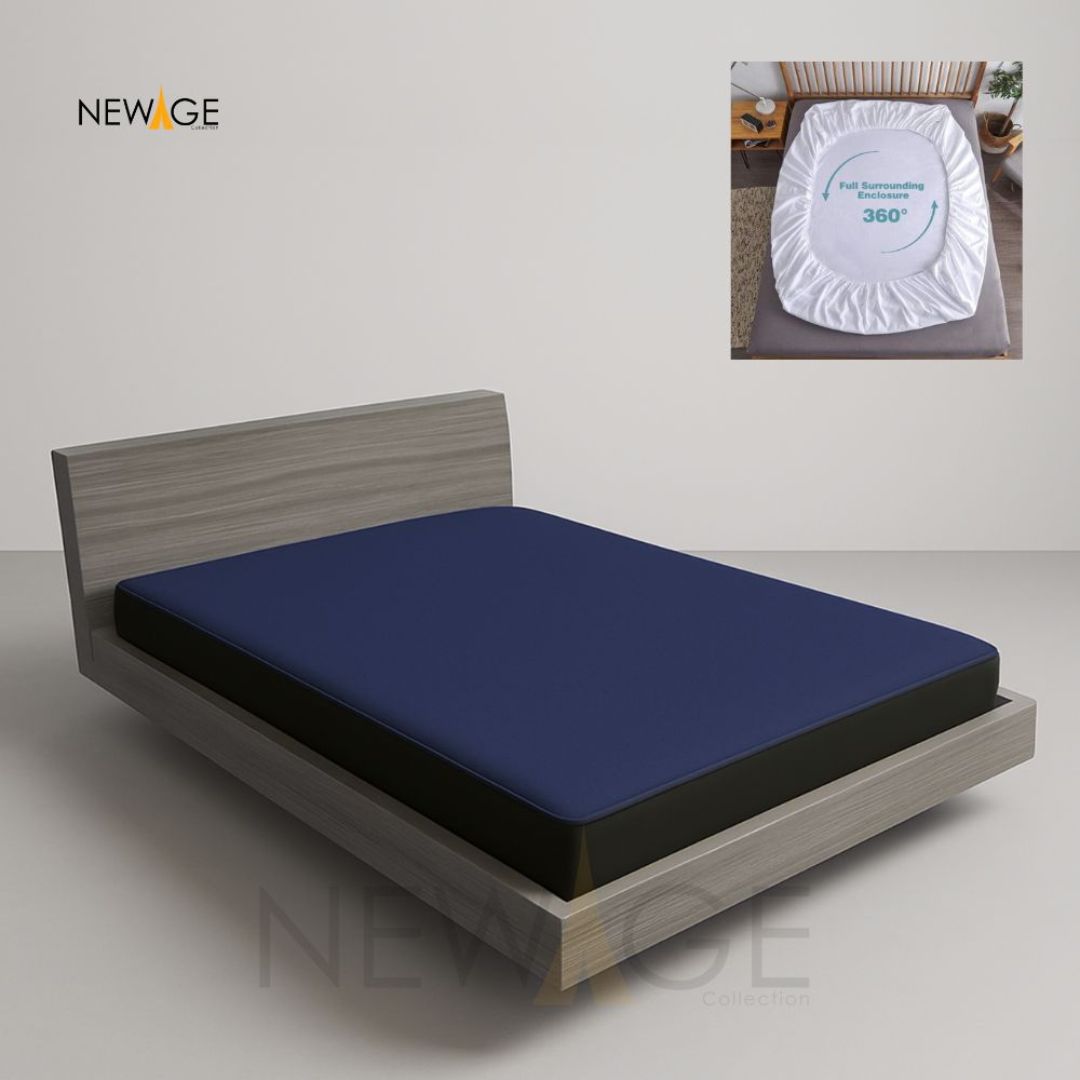 Imported Cotton Polyester 100% Waterproof Fitted Mattress Protector In Dark Blue