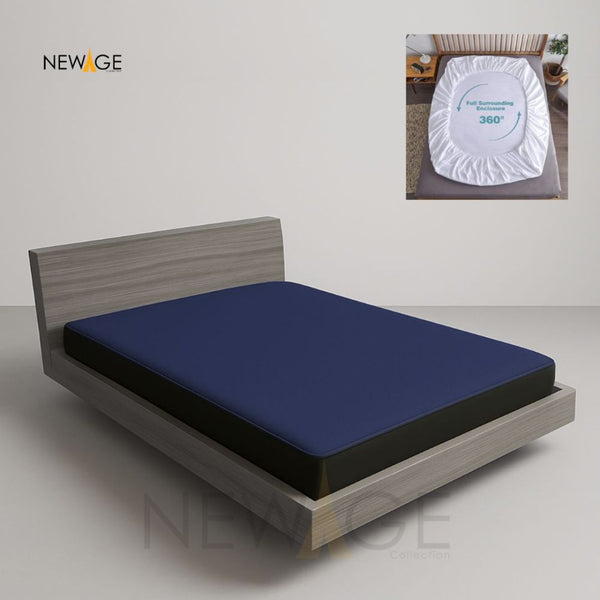 Imported Cotton Polyester 100% Waterproof Fitted Mattress Protector In Dark Blue